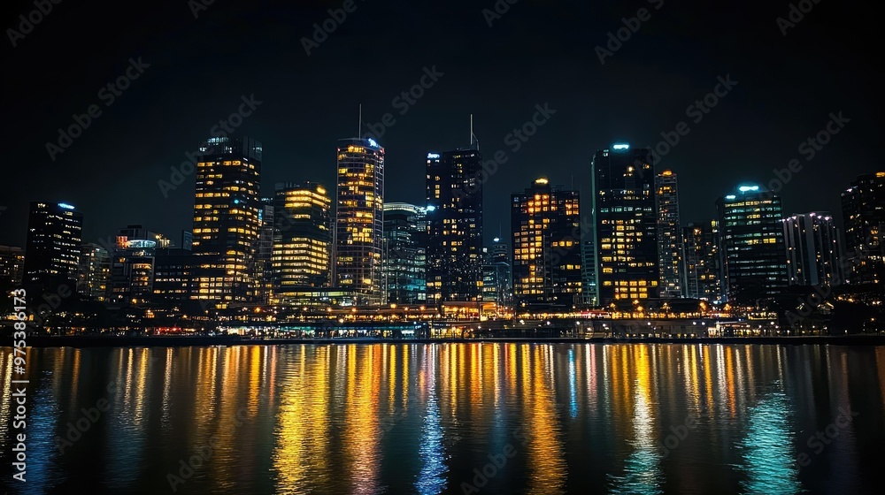Obraz premium A city skyline at night with buildings glowing yellow against the dark sky, their lights reflecting off the nearby river.