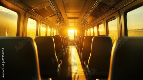 A calm, empty train interior with a minimalist design, the soft glow of the setting sun casting golden light across the rows of neatly arranged seats.