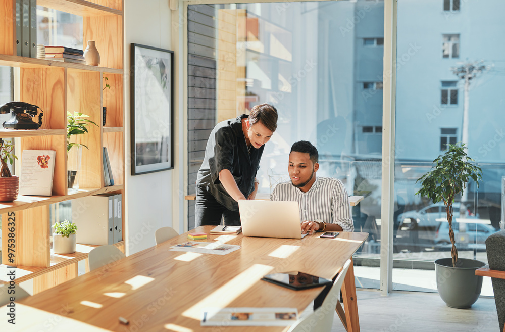 © Frank Coop/peopleimages.com - Creative, collaboration and business people with laptop in boardroom for design strategy, online campaign and website layout. Graphic designer, team and discussion in office for project brainstorming