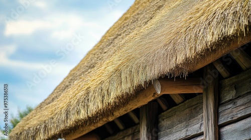 A close-up of a traditional thatched roof cottage, with textured straw roof patterns and natural wood beams, under a soft summer sky.