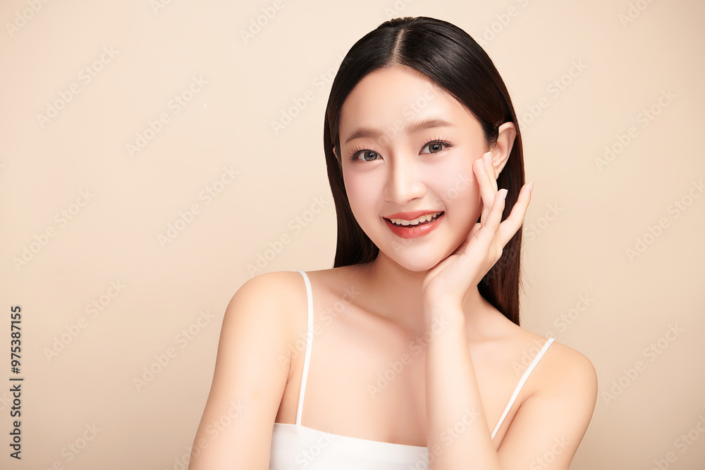 Beautiful young asian woman with clean fresh skin on beige background, Face care, Facial treatment, Cosmetology, beauty and spa, Asian women portrait. Beautiful young asian woman with clean fresh skin on beige background, Face care, Facial treatment, Cosmetology, beauty and spa, Asian women portrait.