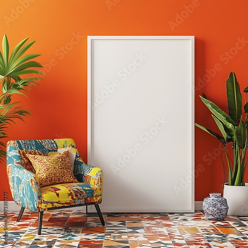 Modern interior design with an armchair and a blank poster frame on an orange wall,Blank picture frame mockup on wall,Blank Poster Mockup Frame photo