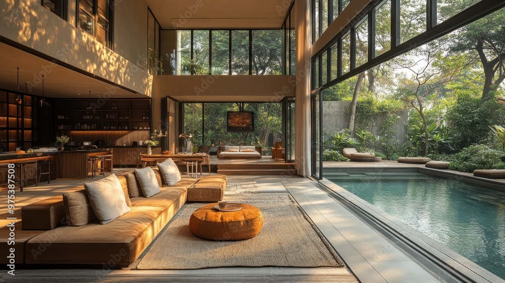 Modern living space with large windows and a serene pool view. Modern living space with large windows and a serene pool view.