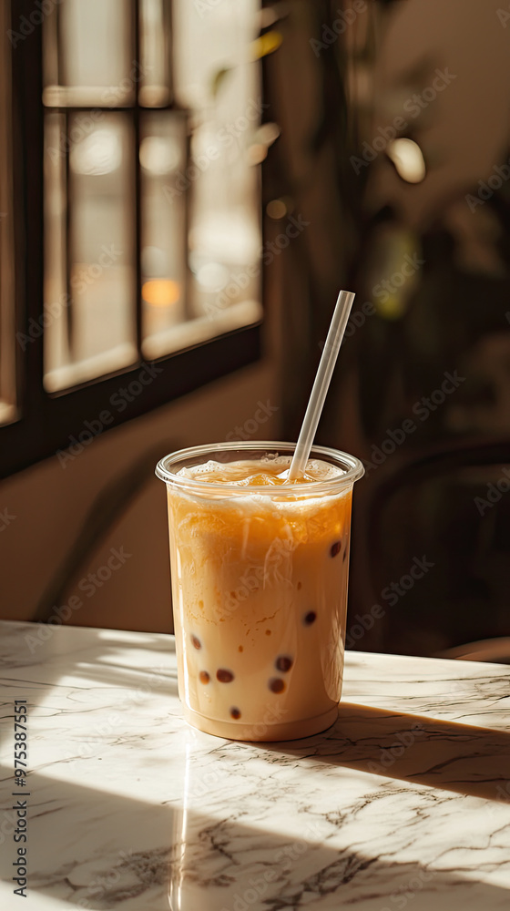 A refreshing milk tea with tapioca pearls sits on marble table, illuminated by soft sunlight streaming through window. drink, served in clear cup with straw, invites moment of relaxation A refreshing milk tea with tapioca pearls sits on marble table, illuminated by soft sunlight streaming through window. drink, served in clear cup with straw, invites moment of relaxation