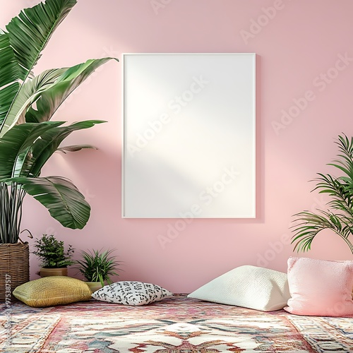 Modern interior design with an armchair and a blank poster frame on an pink wall,Blank picture frame mockup on wall,Blank Poster Mockup Frame photo