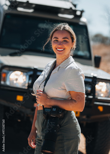 woman in front of a car photo