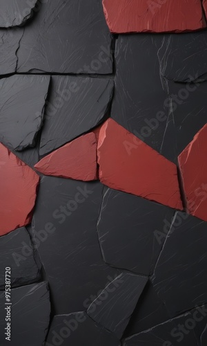 a close-up view of a textured surface composed of irregularly shaped stones in various shades of red and black, arranged in a grid-like pattern.