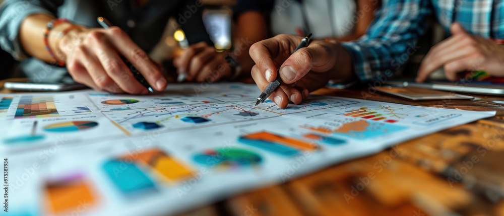 Diverse business team using graphs and charts to discuss marketing plan on a wooden table in the office. 