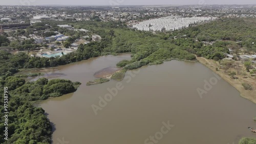 Drone orbits around southern part of Lagoa do Amor in Campo Grande, Mato Grosso do Sul, Brazil