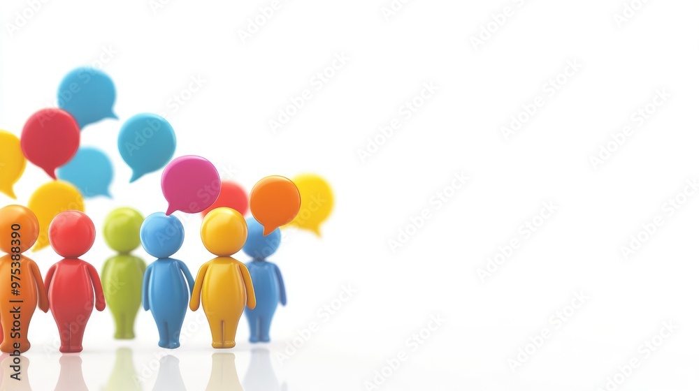 Cartoon team figures with colorful speech bubbles on a white background, symbolizing communication and collaboration in a fun and creative setting.