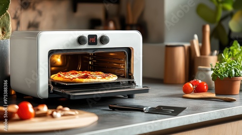 A compact toaster oven baking a small pizza, with the timer set and a spatula ready on the counter beside it.