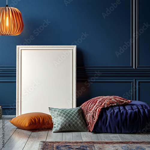 Frame mockup in cozy dark blue bedroom interior,Blank Poster Mockup Frame photo