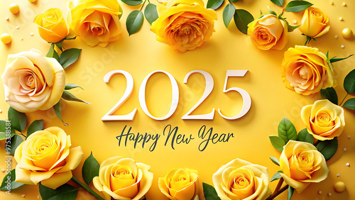 happy new ywar 2025 card and banner with yellow flowers. photo