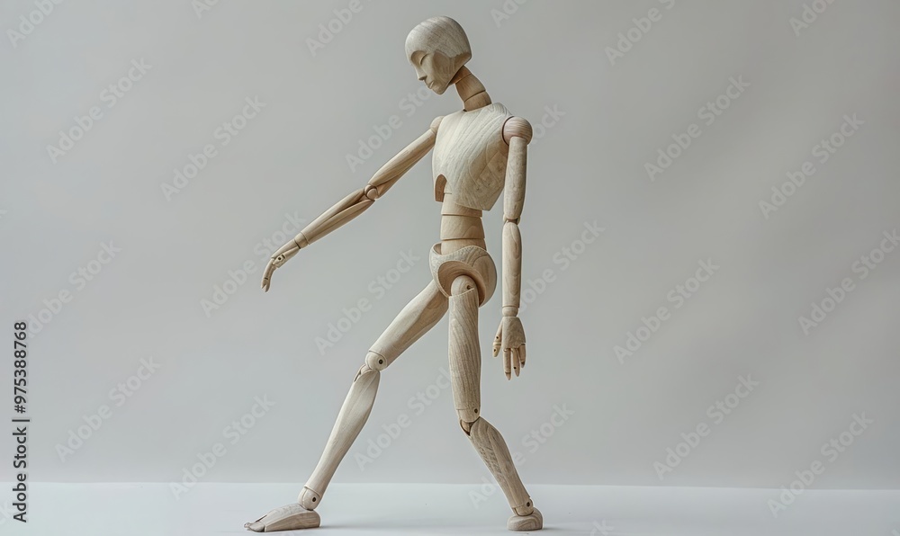 A simple, wooden artist s mannequin posed in a dynamic posture on a plain background A simple, wooden artist s mannequin posed in a dynamic posture on a plain background