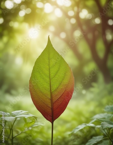 A vibrant green leaf with a gradient of red and orange hues stands out against a lush, blurred background of verdant foliage and sunlight filtering through the trees.
