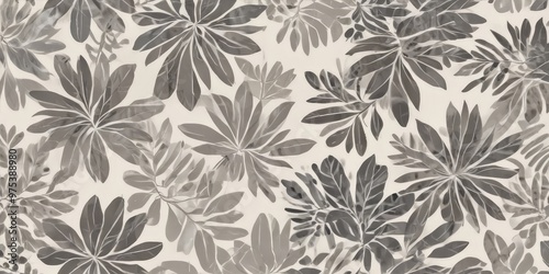 a repeating pattern of stylized leaves in shades of gray and black, creating a visually striking and abstract design.