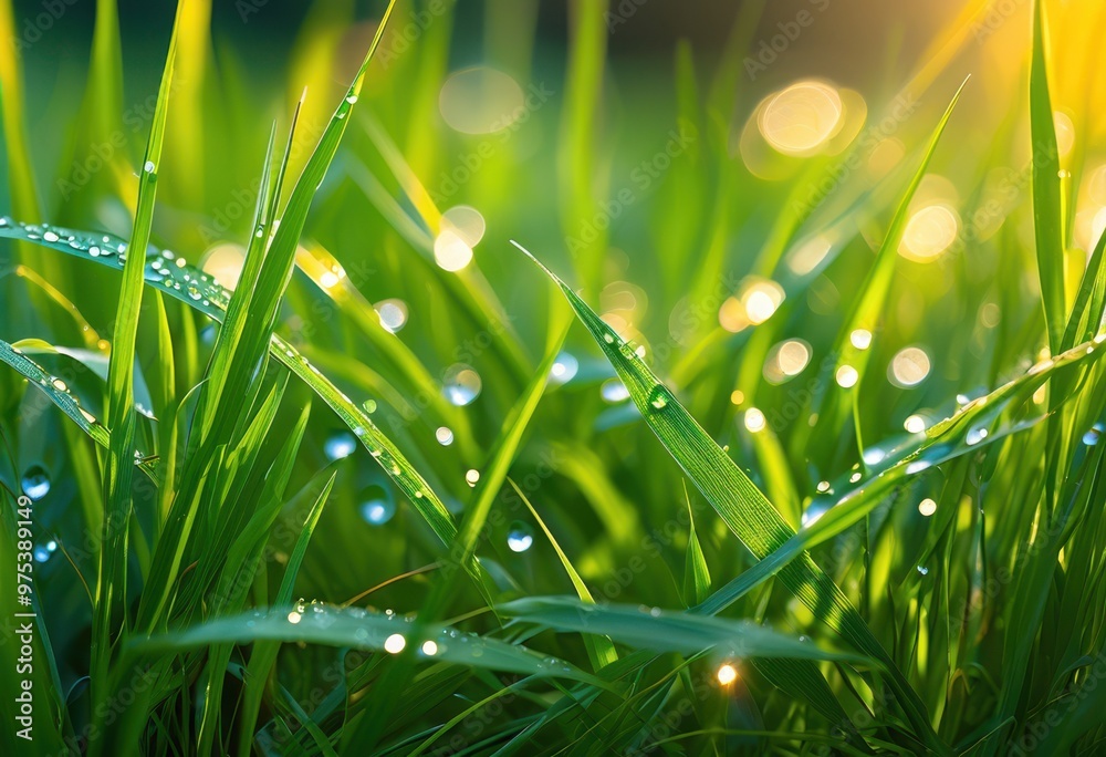 Fototapeta premium close view vibrant green grass blades glistening natural showcasing beauty nature freshness, sunlight, texture, plants, lawn, garden, foliage, spring, summer