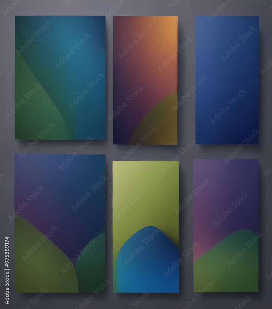 Fototapeta premium The image displays six abstract artworks, each featuring a unique color gradient and shape, arranged in a grid-like pattern against a dark background.