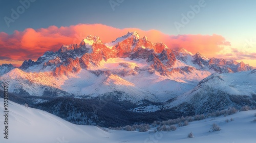 Majestic snow-capped mountains at sunset with vibrant clouds.