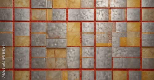 a close-up view of a mosaic composed of small square tiles in various shades of orange and gray, arranged in a grid-like pattern.