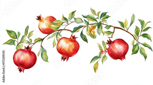 Rosh Hashanah design template featuring hand-drawn pomegranate branches, beautifully representing the essence of the Jewish New Year celebration with vibrant colors and festive symbols photo