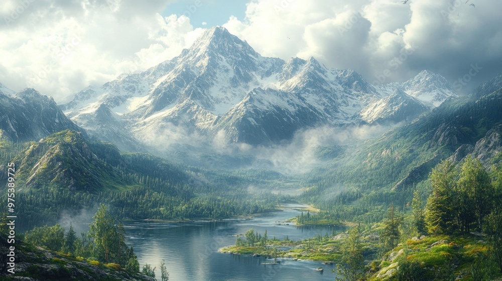 Fototapeta premium Majestic mountains with a serene lake and lush greenery.