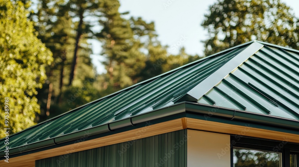 Fototapeta premium A detailed shot of a modern house with a green metal roof, showcasing the clean lines and minimalist design elements against a backdrop of trees.