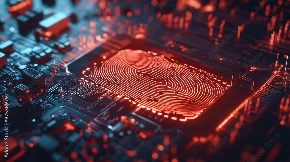 Close-up of a fingerprint scan integrated with a microcircuit board, symbolizing advanced biometric technology and security. Close-up of a fingerprint scan integrated with a microcircuit board, symbolizing advanced biometric technology and security.