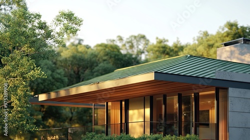 A detailed shot of a modern house with a green metal roof, showcasing the clean lines and minimalist design elements against a backdrop of trees.