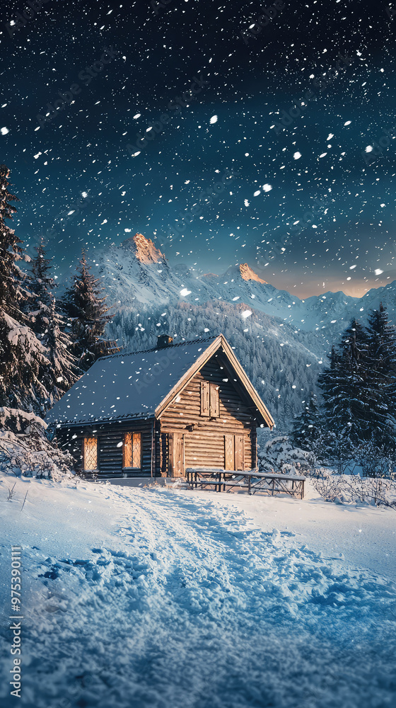 A cozy cabin nestled in snow dusted mountain landscape at dawn, surrounded by tall trees and serene winter atmosphere. soft glow from windows adds warmth to chilly scene A cozy cabin nestled in snow dusted mountain landscape at dawn, surrounded by tall trees and serene winter atmosphere. soft glow from windows adds warmth to chilly scene
