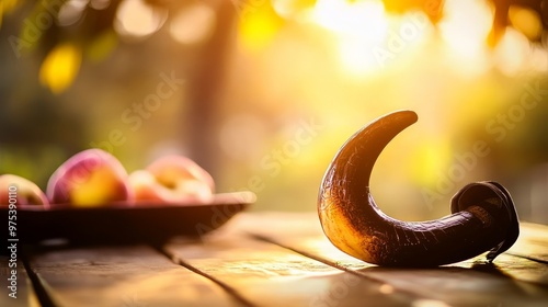 Shofar horn traditionally used for Rosh Hashanah, Jewish New Year, with selective focus highlighting its intricate details and symbolic significance in Jewish culture and religious ceremonies photo