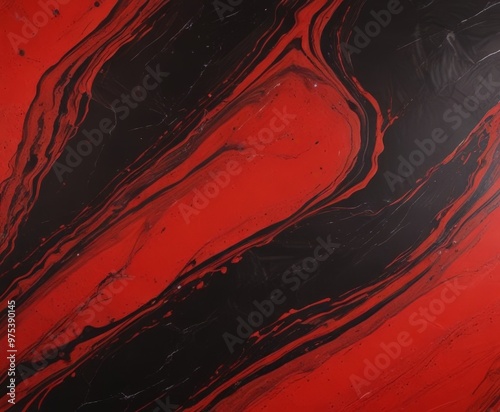 a striking abstract pattern of red and black paint strokes, creating a sense of movement and energy.