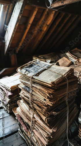 Old newspapers stacked neatly in an attic, tied with string, create nostalgic atmosphere. dim lighting and wooden beams enhance vintage feel of this cluttered space