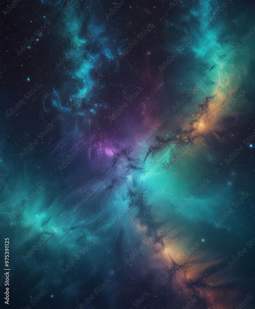 Fototapeta premium a vibrant cosmic scene, featuring a swirling nebula with hues of blue, purple, and orange, set against a backdrop of a dark, star-filled sky.
