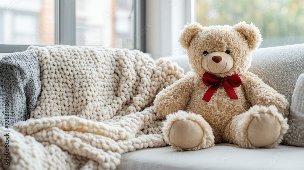 A fluffy brown teddy bear with a red bow sitting on a white couch, ready to be cuddled, with a soft blanket nearby. A fluffy brown teddy bear with a red bow sitting on a white couch, ready to be cuddled, with a soft blanket nearby.