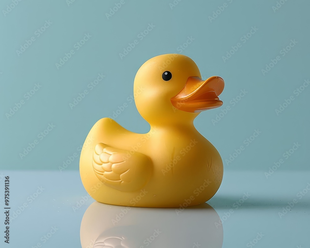 A single, bright yellow rubber duck on a clean, light blue surface A single, bright yellow rubber duck on a clean, light blue surface