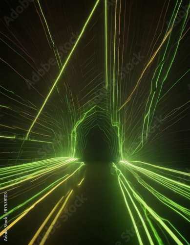 A tunnel of green laser lights, with a central archway and radiating beams, creating a mesmerizing and futuristic visual effect.