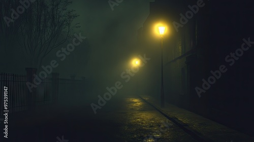 A foggy street at night illuminated by soft yellow streetlights, casting an eerie glow through the mist.