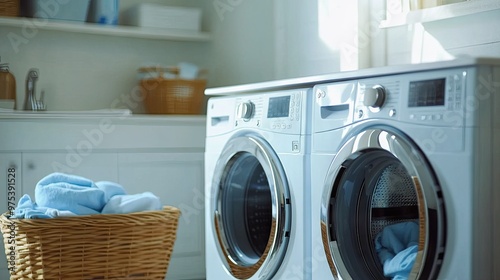 Wallpaper Mural A front-loading washing machine and dryer set in a tidy laundry room, with a basket of freshly washed clothes. Torontodigital.ca