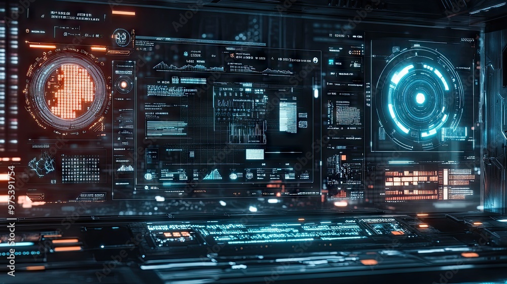 Obraz premium A futuristic digital dashboard interface with multiple widgets, data charts, and AI-powered tools, representing tech-driven decision-making.