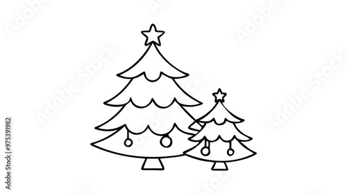 Festive Christmas trees with stars and ornaments in minimalist black outline style