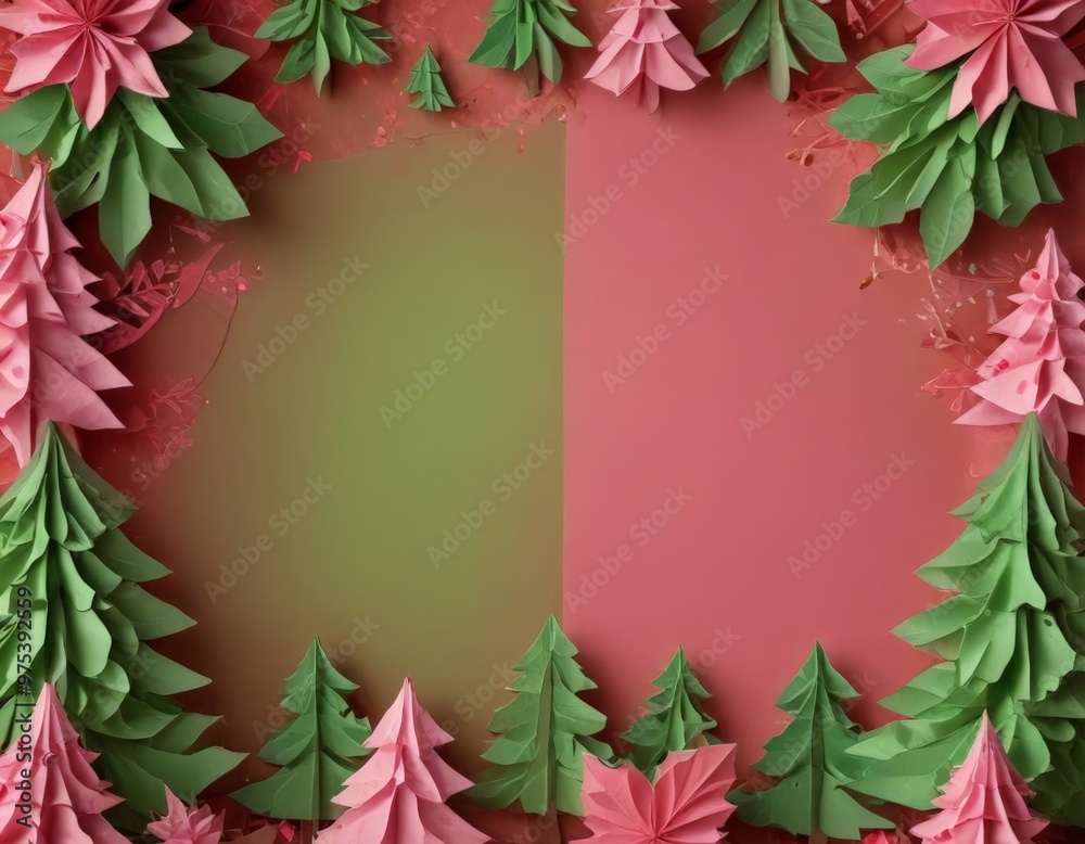 Obraz premium A festive arrangement of paper Christmas trees in shades of green and pink, set against a red background with a green border.