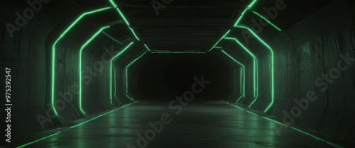 A long, dark tunnel with a series of green neon lights lining the walls, creating a sense of depth and mystery.