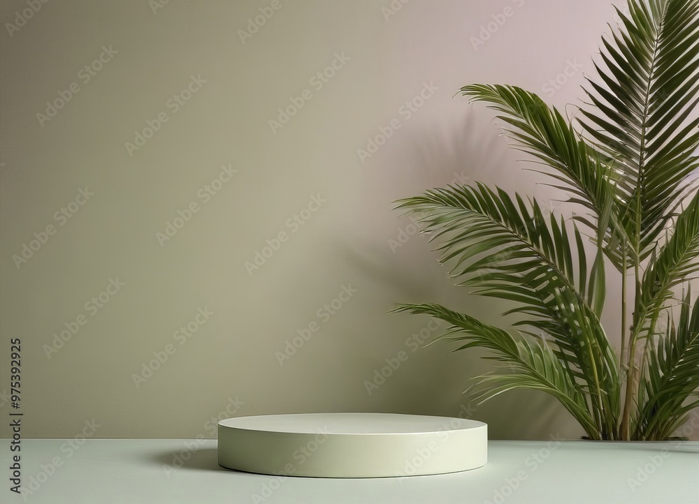 A white pedestal stands against a light green wall, with a large palm tree to the right. A white pedestal stands against a light green wall, with a large palm tree to the right.