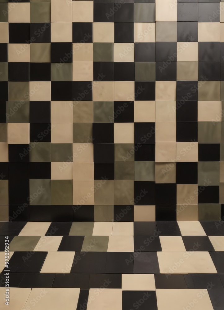 a wall covered in square tiles in various shades of black, beige, and gray, arranged in a grid-like pattern. a wall covered in square tiles in various shades of black, beige, and gray, arranged in a grid-like pattern.