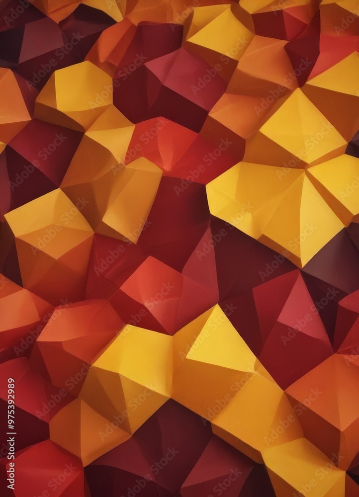 Fototapeta premium The image presents a vibrant abstract composition of overlapping polygonal shapes in a variety of warm colors, including red, orange, yellow, and maroon, creating a dynamic