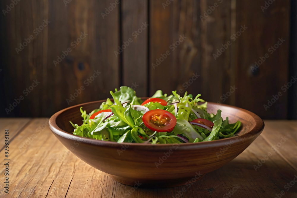 Realistic salad bowl on wood table with beautiful studio light and fresh organic vegetable leaf, onion, tomato ingredient for vegan food in concept of tasty delicious clean and healthy food Realistic salad bowl on wood table with beautiful studio light and fresh organic vegetable leaf, onion, tomato ingredient for vegan food in concept of tasty delicious clean and healthy food