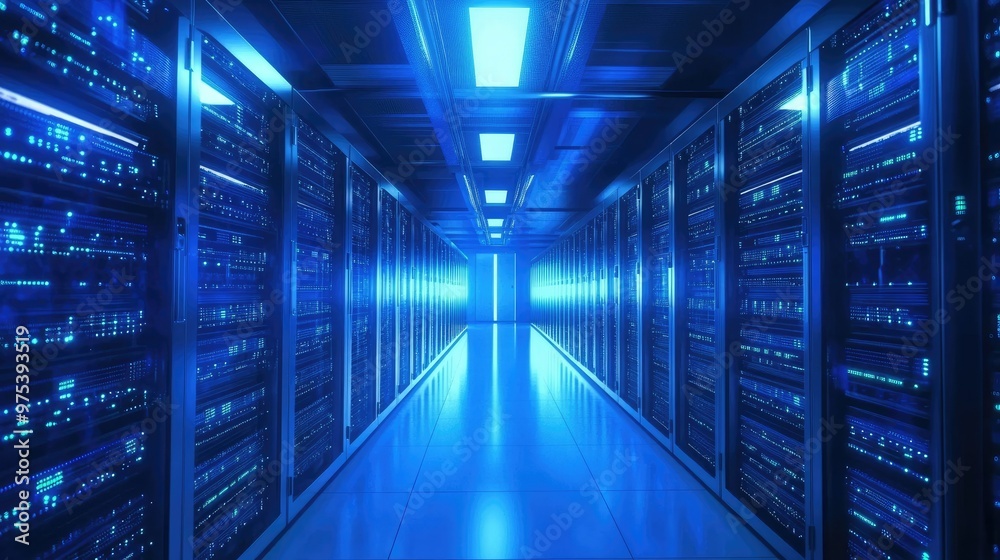 A high-tech server room with rows of blinking servers and cables, symbolizing data storage and cloud computing. A high-tech server room with rows of blinking servers and cables, symbolizing data storage and cloud computing.