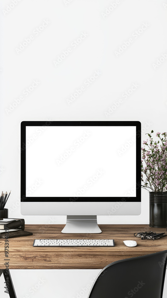 Fototapeta premium A blank computer monitor screen on wooden desk creates minimalist workspace. setup includes keyboard, stationery, and potted plant, evoking calm and organized atmosphere