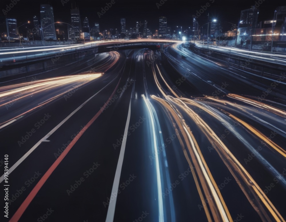A night-time cityscape with a highway and bridge, featuring blurred car lights streaking across the scene. A night-time cityscape with a highway and bridge, featuring blurred car lights streaking across the scene.